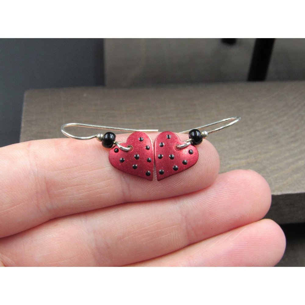Sterling Silver & Brass Red Dotted Heart Dangle Earrings Vintage Wedding